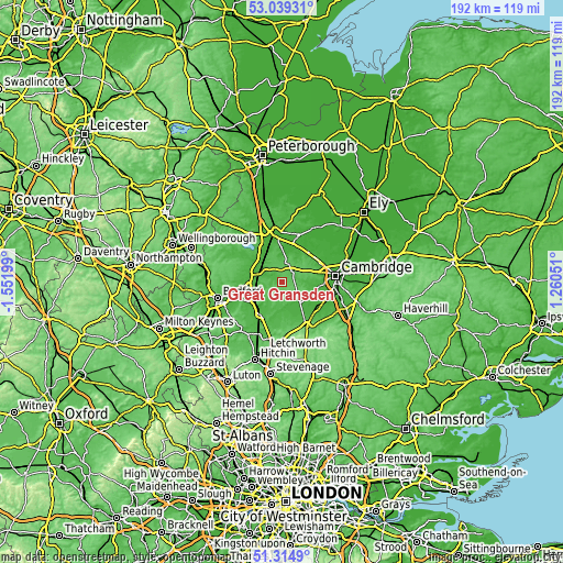 Topographic map of Great Gransden