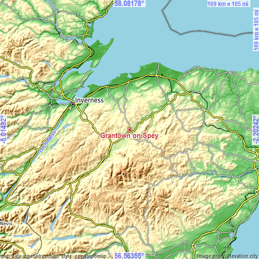 Topographic map of Grantown on Spey