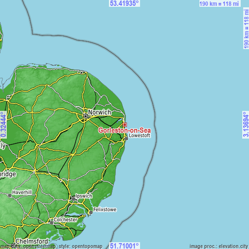 Topographic map of Gorleston-on-Sea