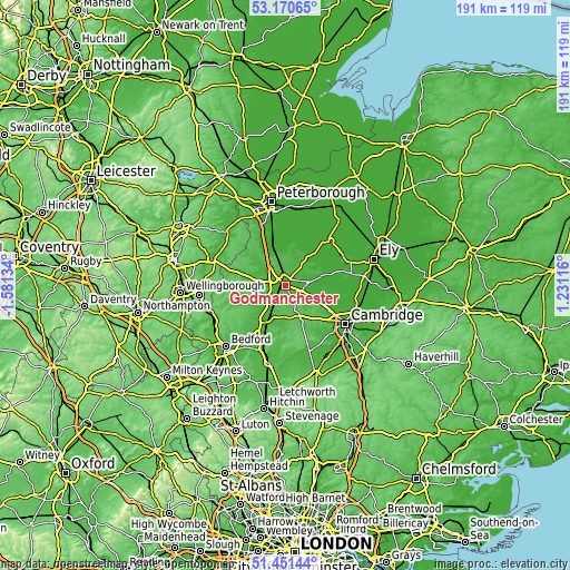 Topographic map of Godmanchester