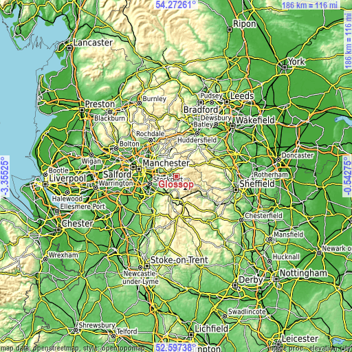 Topographic map of Glossop