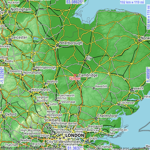 Topographic map of Girton