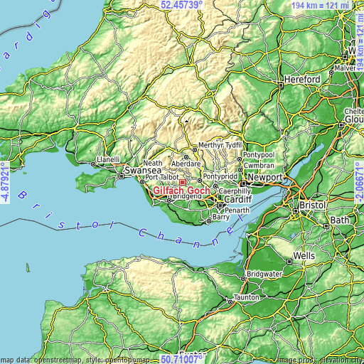 Topographic map of Gilfach Goch