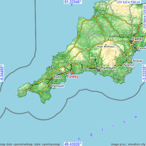 Topographic map of Fowey