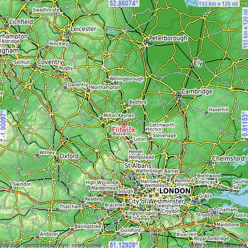 Topographic map of Flitwick