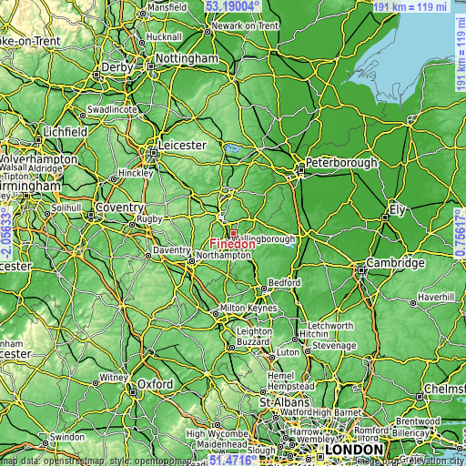 Topographic map of Finedon