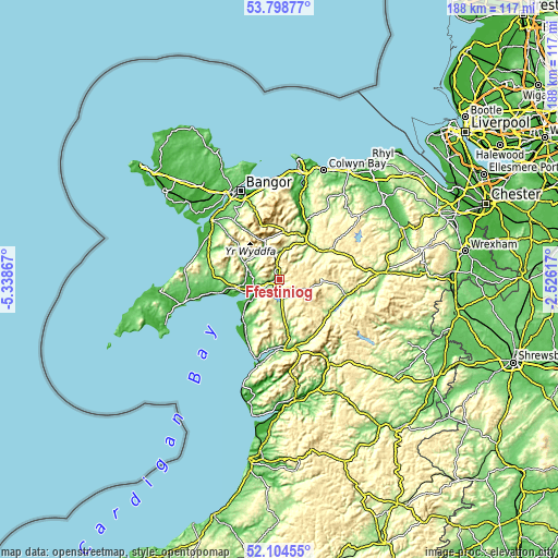 Topographic map of Ffestiniog