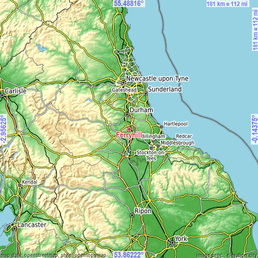 Topographic map of Ferryhill
