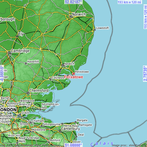 Topographic map of Felixstowe