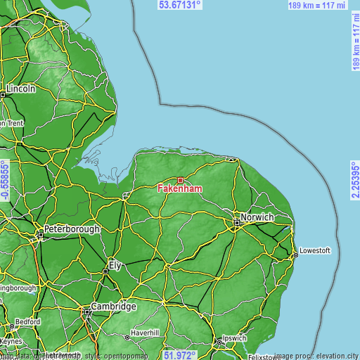 Topographic map of Fakenham