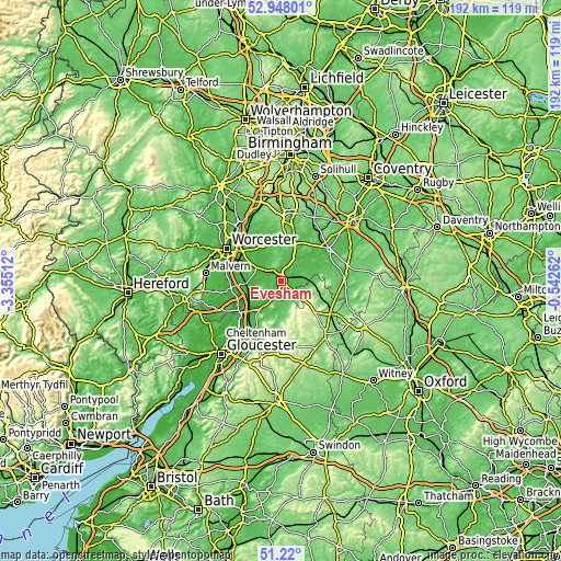 Topographic map of Evesham