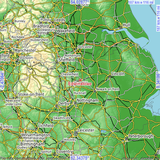 Topographic map of Edwinstowe