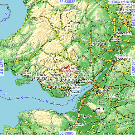 Topographic map of Ebbw Vale