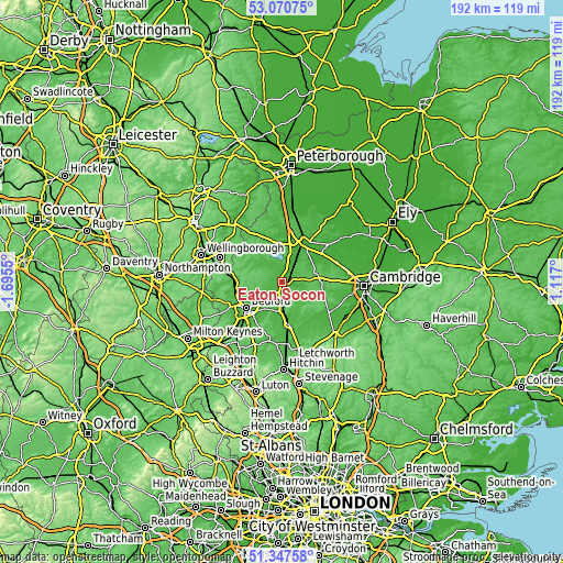 Topographic map of Eaton Socon