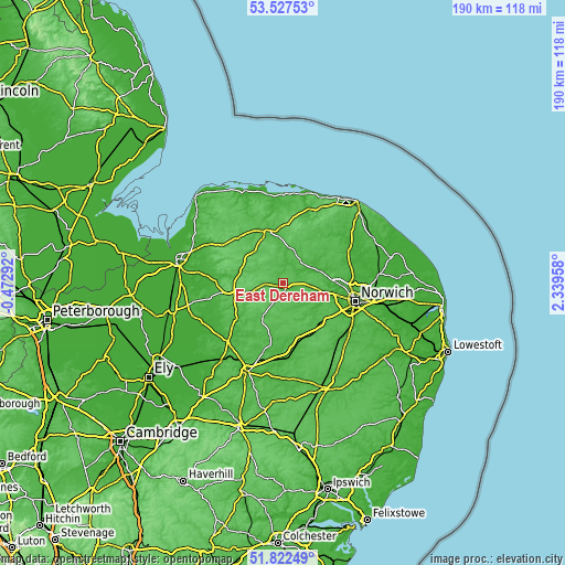 Topographic map of East Dereham