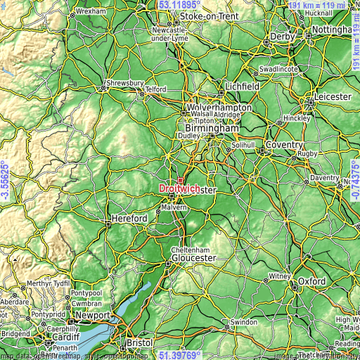 Topographic map of Droitwich