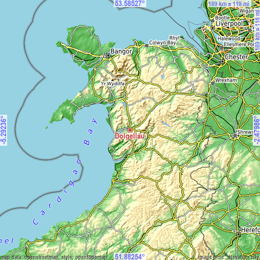 Topographic map of Dolgellau