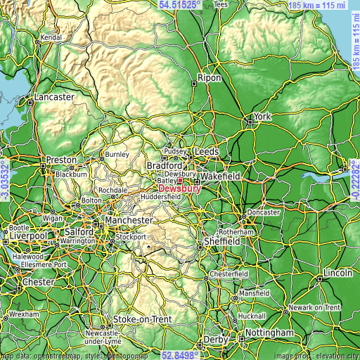 Topographic map of Dewsbury