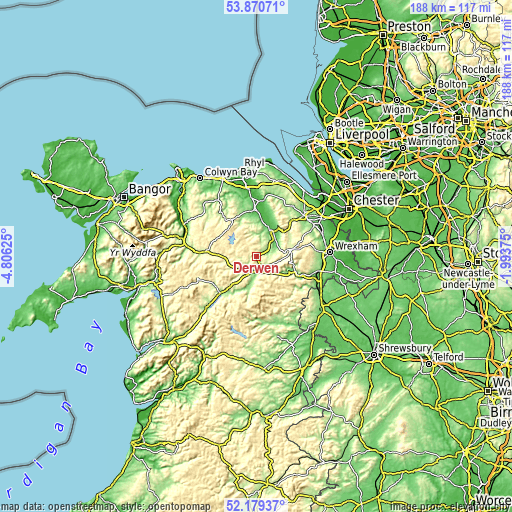 Topographic map of Derwen