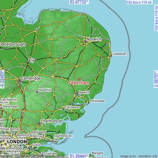 Topographic map of Debenham