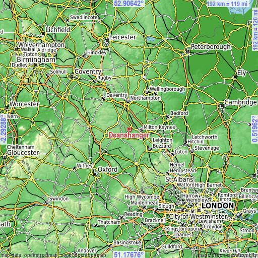 Topographic map of Deanshanger