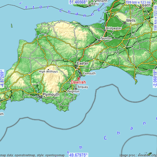 Topographic map of Dawlish