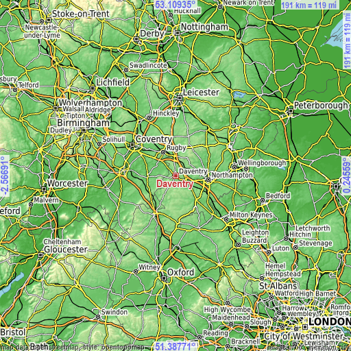 Topographic map of Daventry