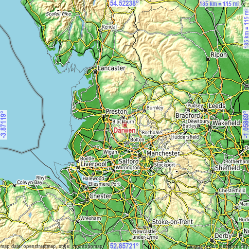 Topographic map of Darwen