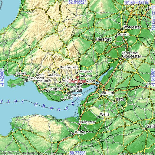 Topographic map of Cwmbran