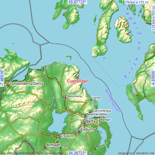 Topographic map of Cushendall