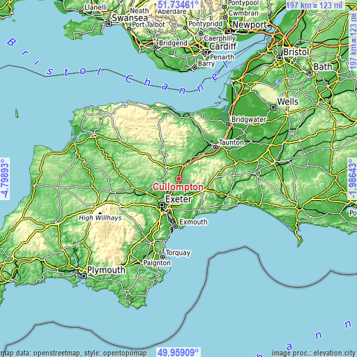 Topographic map of Cullompton