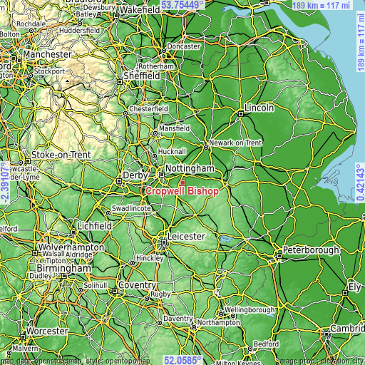 Topographic map of Cropwell Bishop