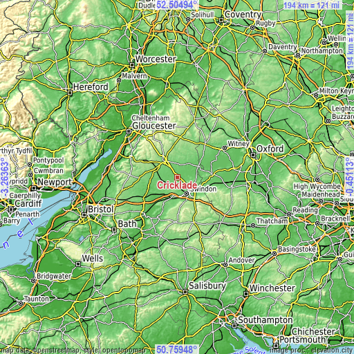 Topographic map of Cricklade