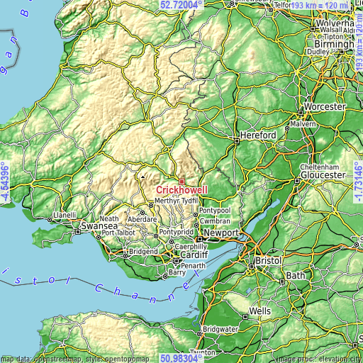 Topographic map of Crickhowell