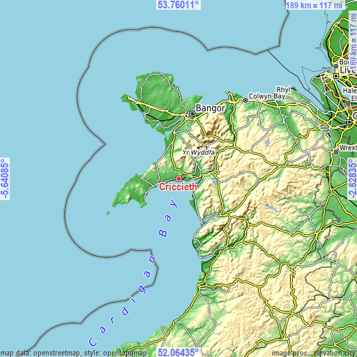 Topographic map of Criccieth