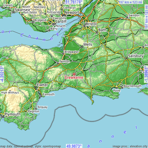 Topographic map of Crewkerne