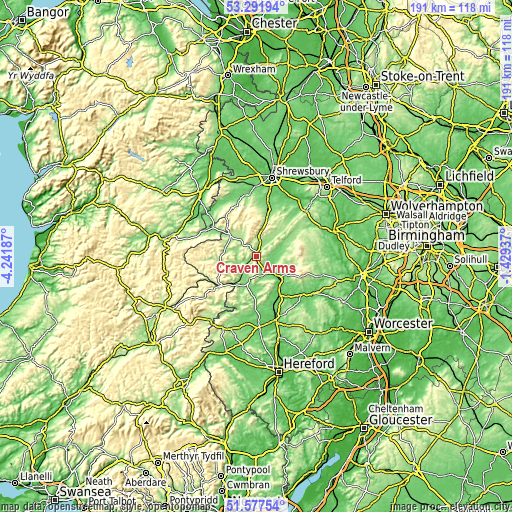 Topographic map of Craven Arms