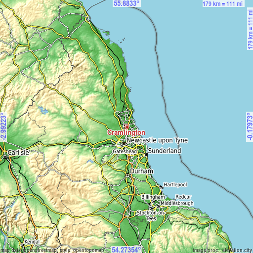 Topographic map of Cramlington
