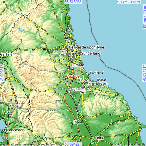 Topographic map of Coxhoe