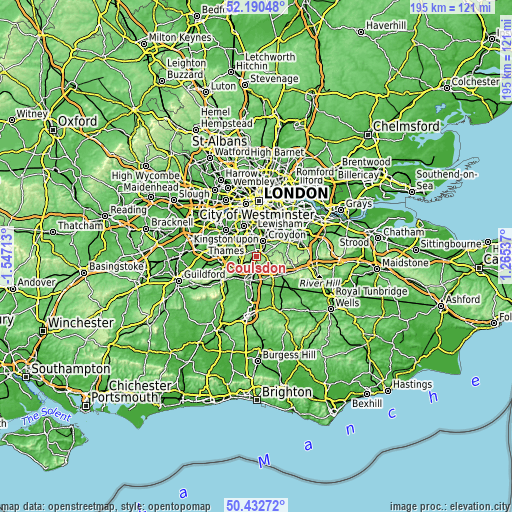 Topographic map of Coulsdon