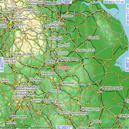 Topographic map of Cotgrave