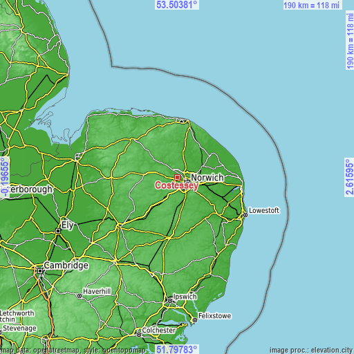 Topographic map of Costessey