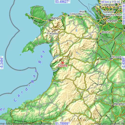 Topographic map of Corris