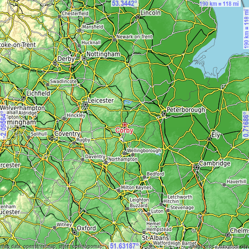 Topographic map of Corby