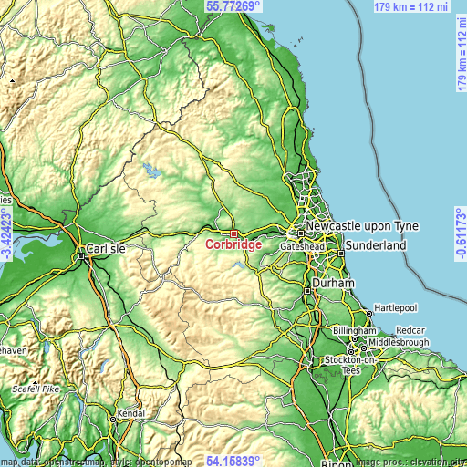 Topographic map of Corbridge