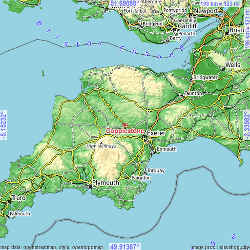 Topographic map of Copplestone