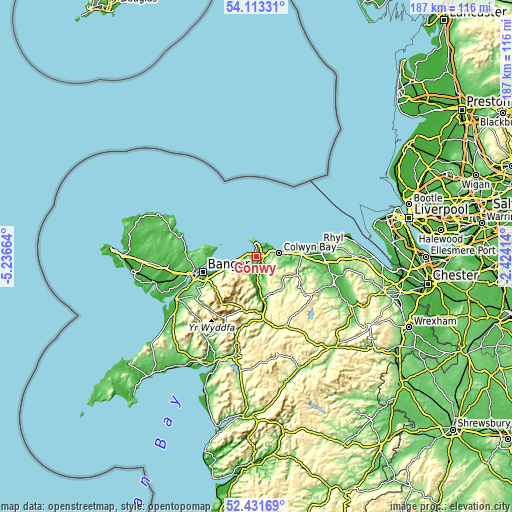 Topographic map of Conwy