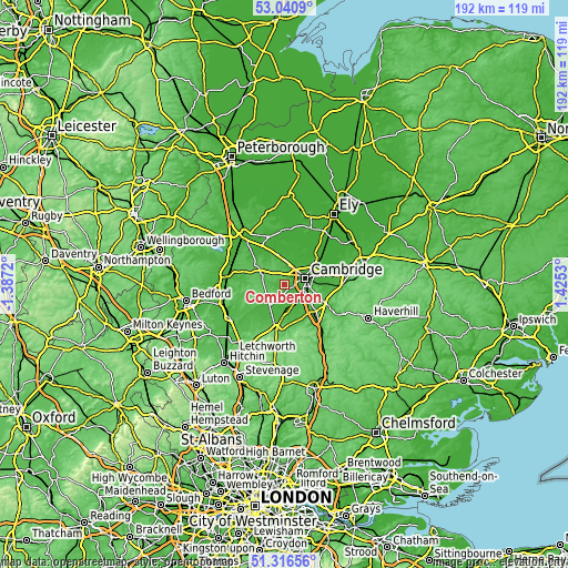 Topographic map of Comberton