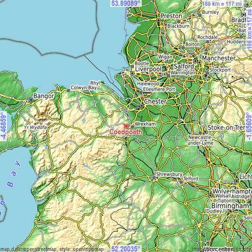 Topographic map of Coedpoeth