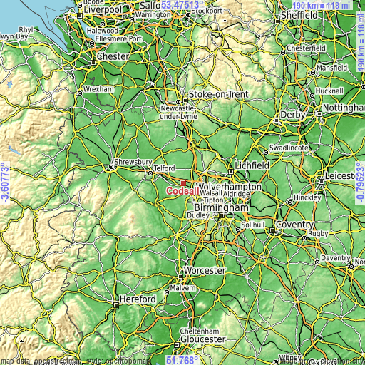 Topographic map of Codsall